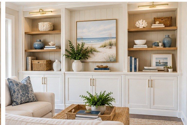 White built-in bookcases with lower cabinets and wood-backed open shelves in a living room (example style photo)