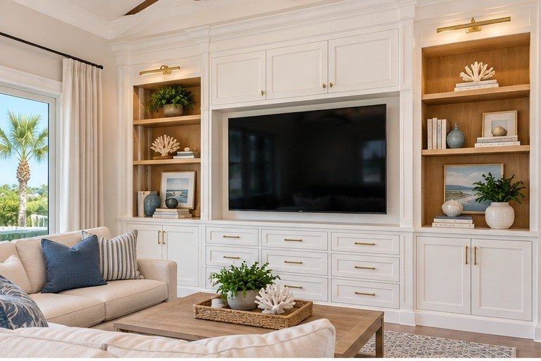 White built-in entertainment center with brass lights and wood-backed shelves around a TV (example style photo)