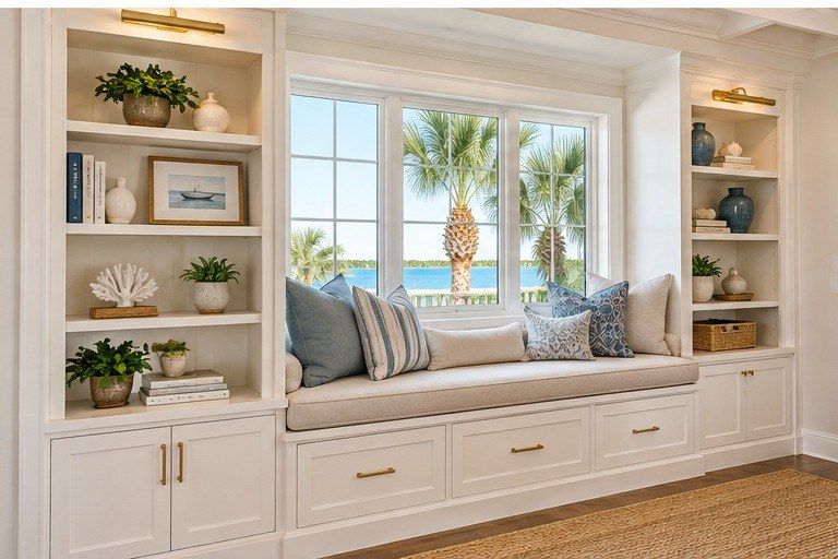 Built-in window seat with drawers below and open shelving on each side (example style photo)